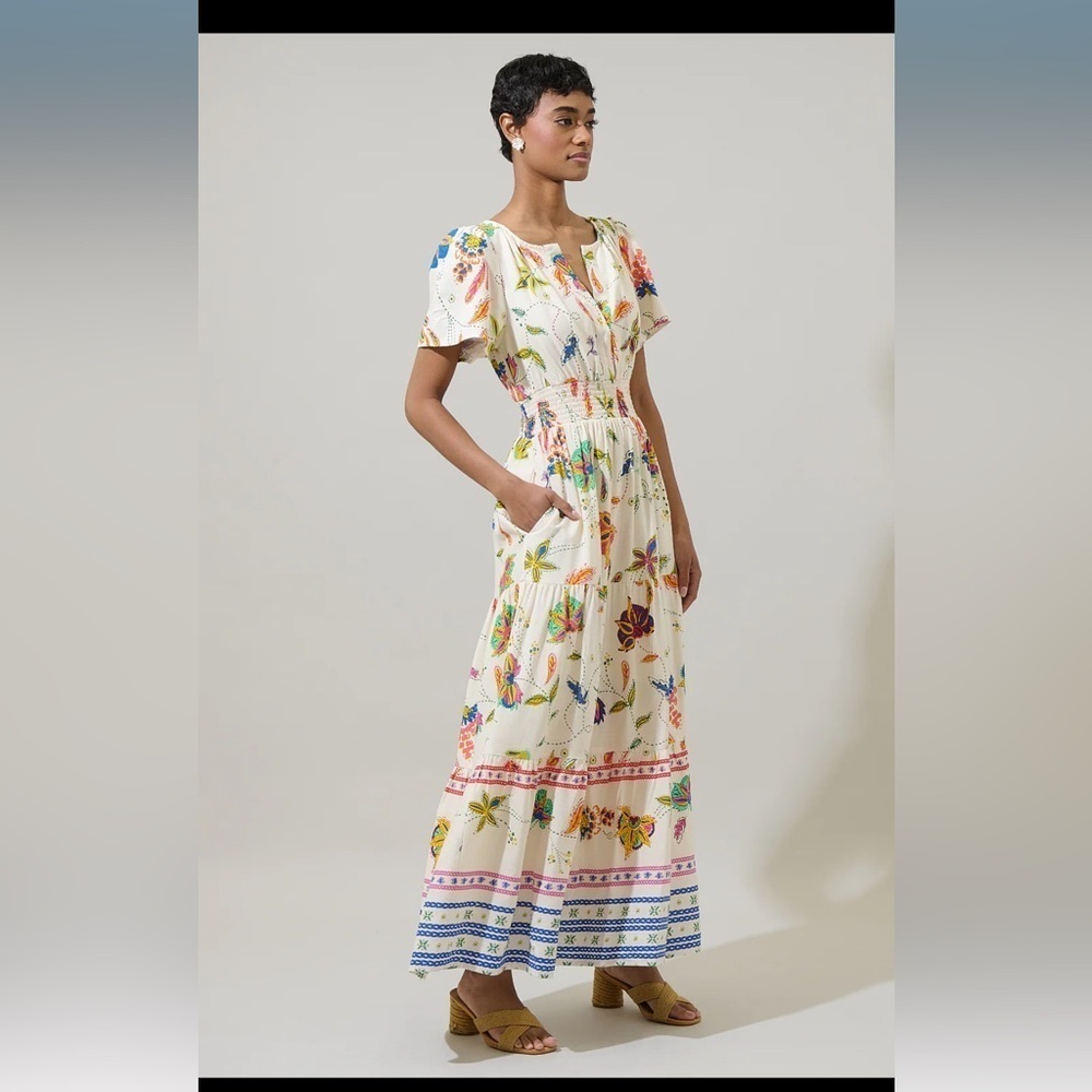 SugarLips Miraflor Rony Smocked Maxi Dress Ivory Multi - Picture 2 of 6